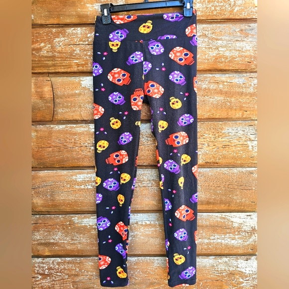 Lularoe Halloween Goth Sugar Skull Black, Purple & Orange Butter Soft Leggings - Picture 11 of 13
